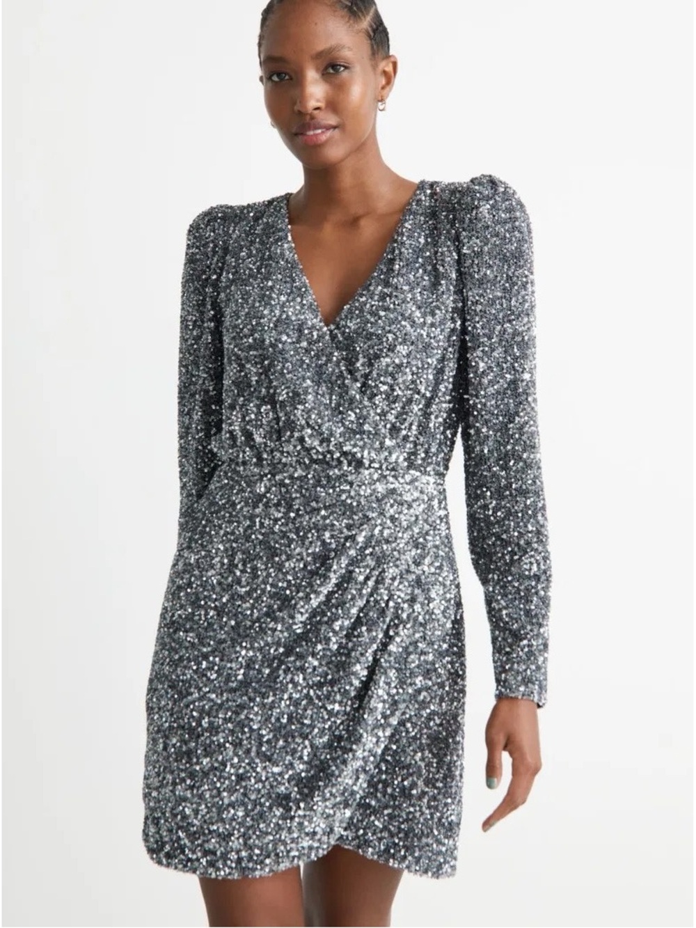& Other Stories ||‎ Sequin Wrap Mini Dress Long Sleeve Party Silver 6 NWT